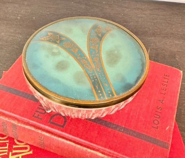 Vintage Art Deco Glass Powder Jar with Enamel Lid – 4” Wide