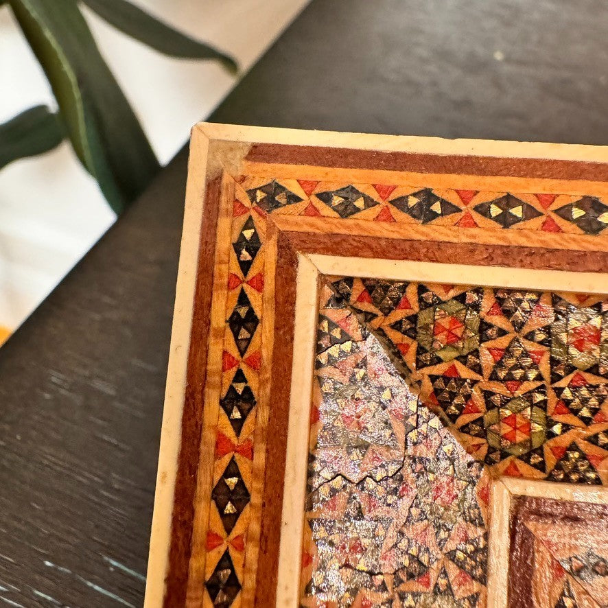 Vintage Persian Miniature Painting in Handcrafted Khatam Wood Inlay Frame