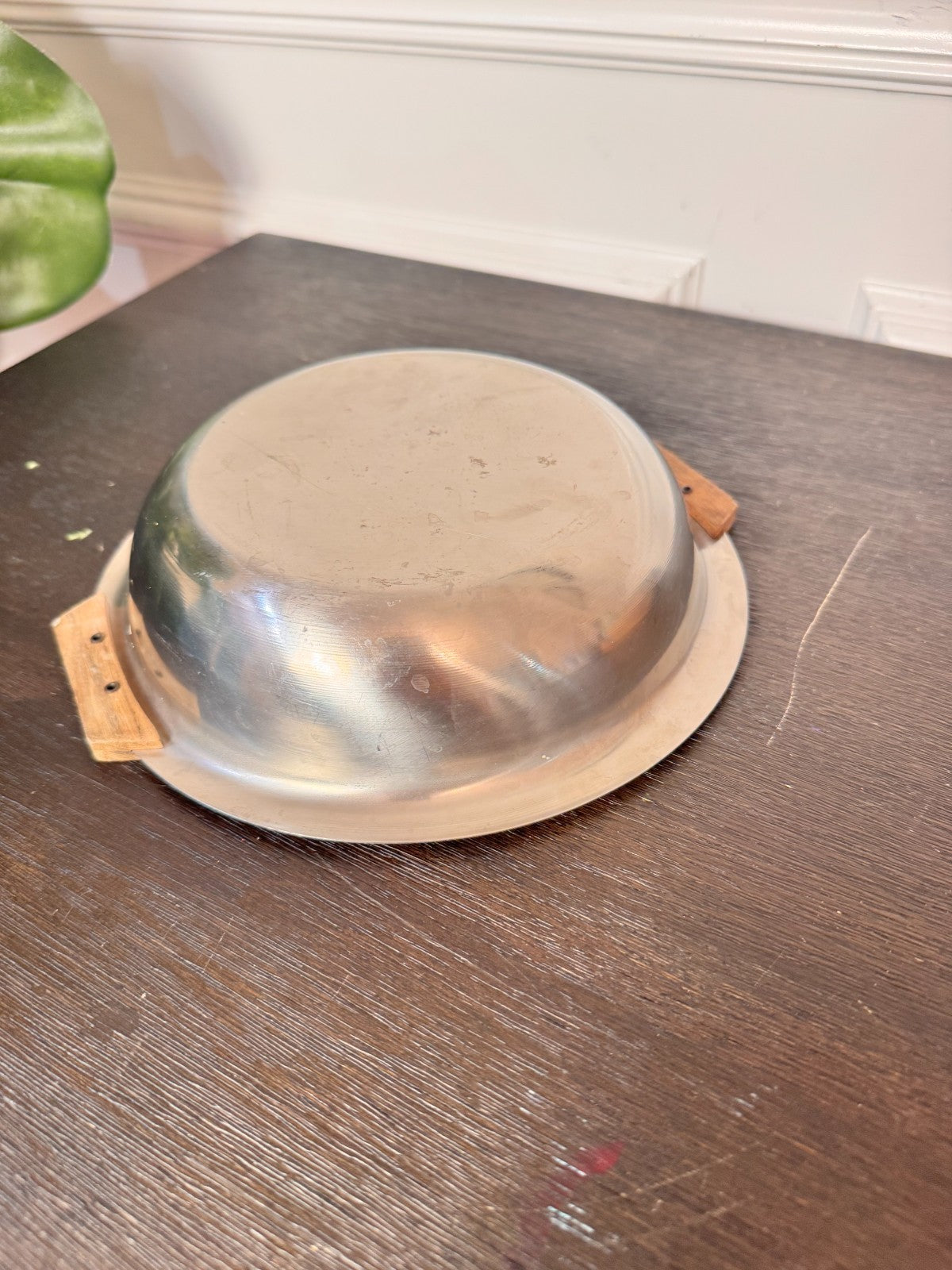 Vintage MCM Stainless Steel Danish Round Serving Tray Teak Handles 8"