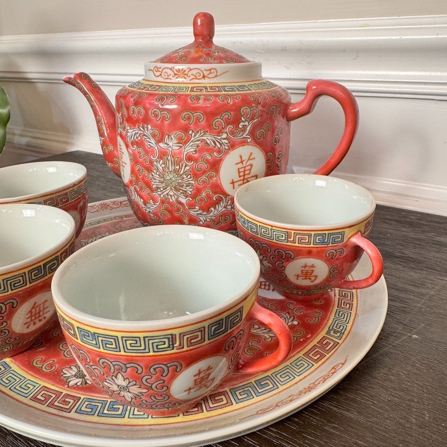 Vintage Wan Shou Wu Jiang Chinese Tea Set – Red Teapot, 4 Cups & Serving Tray