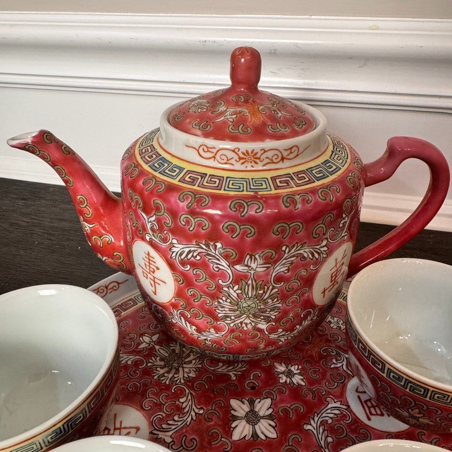 Vintage Wan Shou Wu Jiang Chinese Tea Set – Red Teapot, 4 Cups & Serving Tray