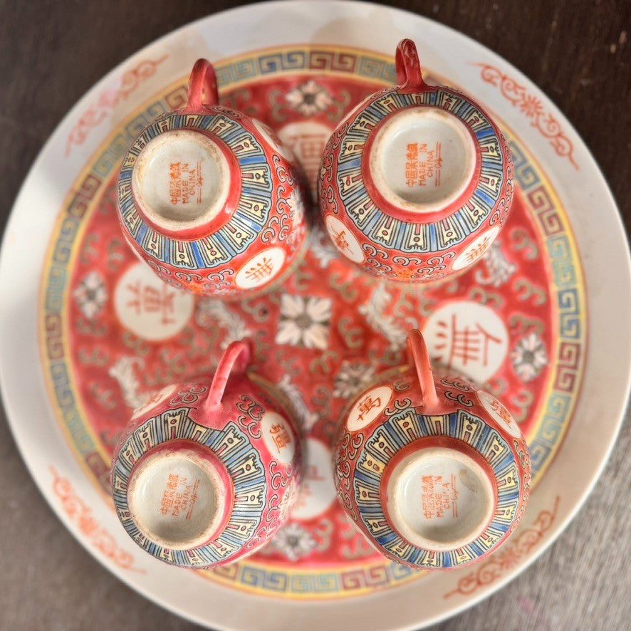 Vintage Wan Shou Wu Jiang Chinese Tea Set – Red Teapot, 4 Cups & Serving Tray