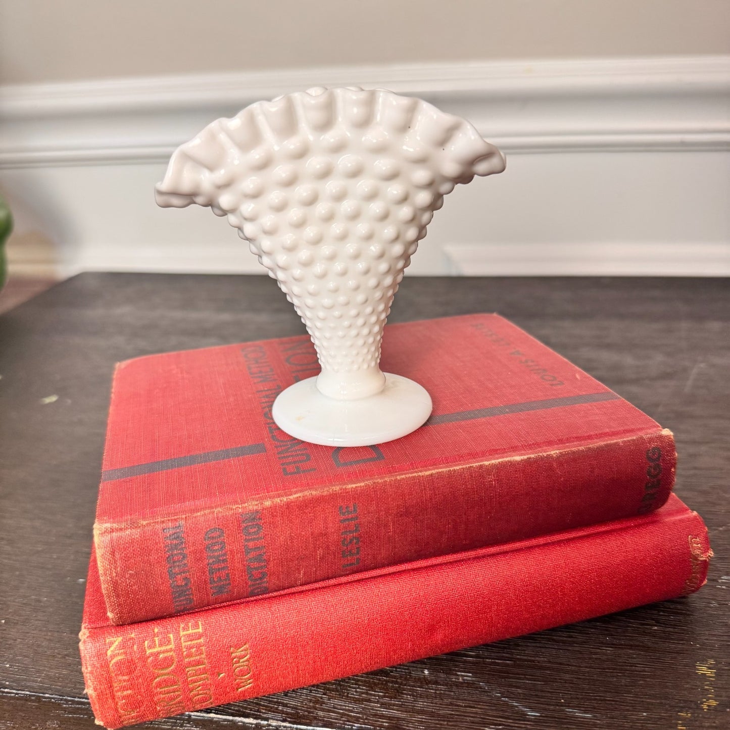 Vintage Fenton Small White Milk Glass Hobnail Fan Vase 4" Ruffled Edge