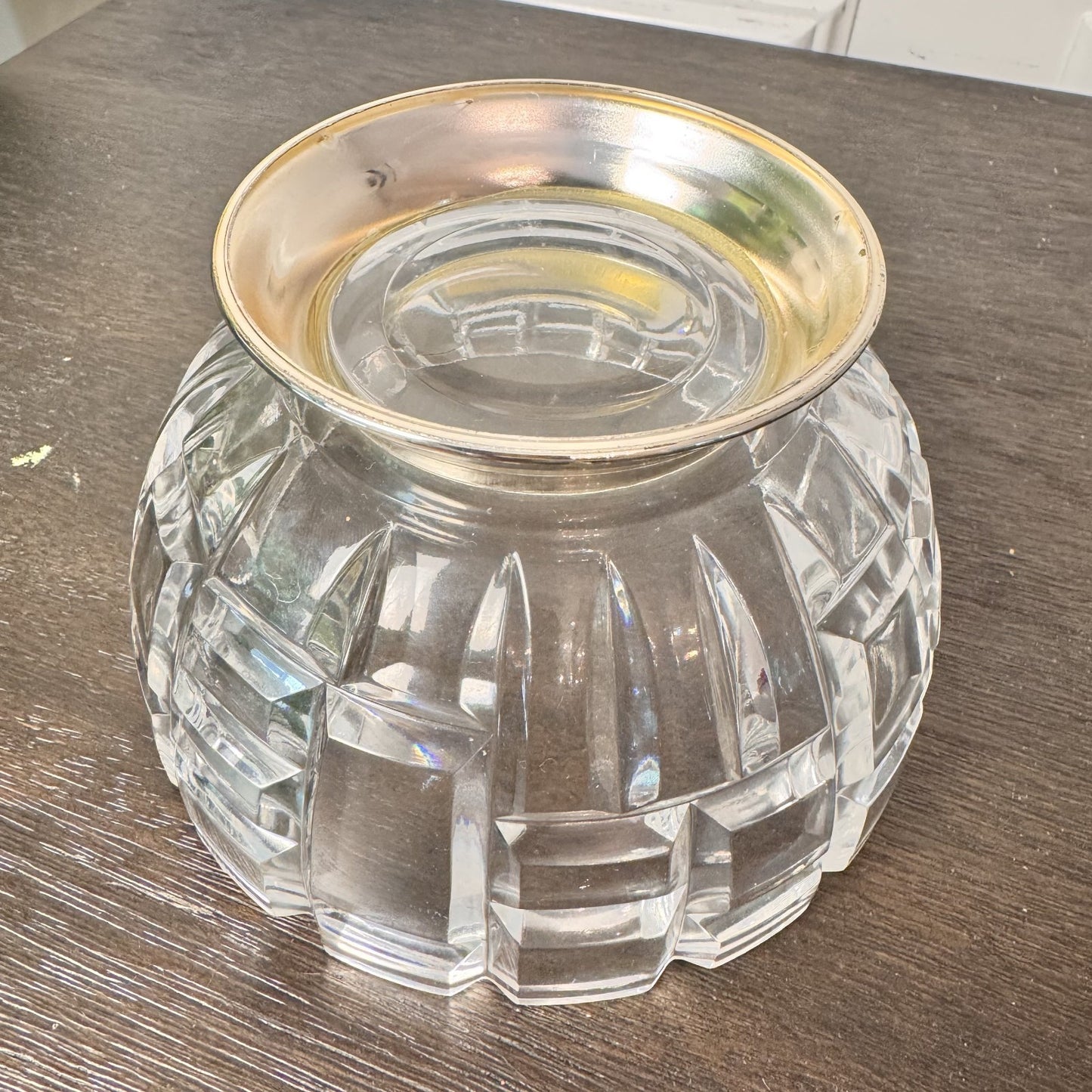 Crystal Footed Bowl with Silver Base ā 5.25" Diameter, Geometric Cut