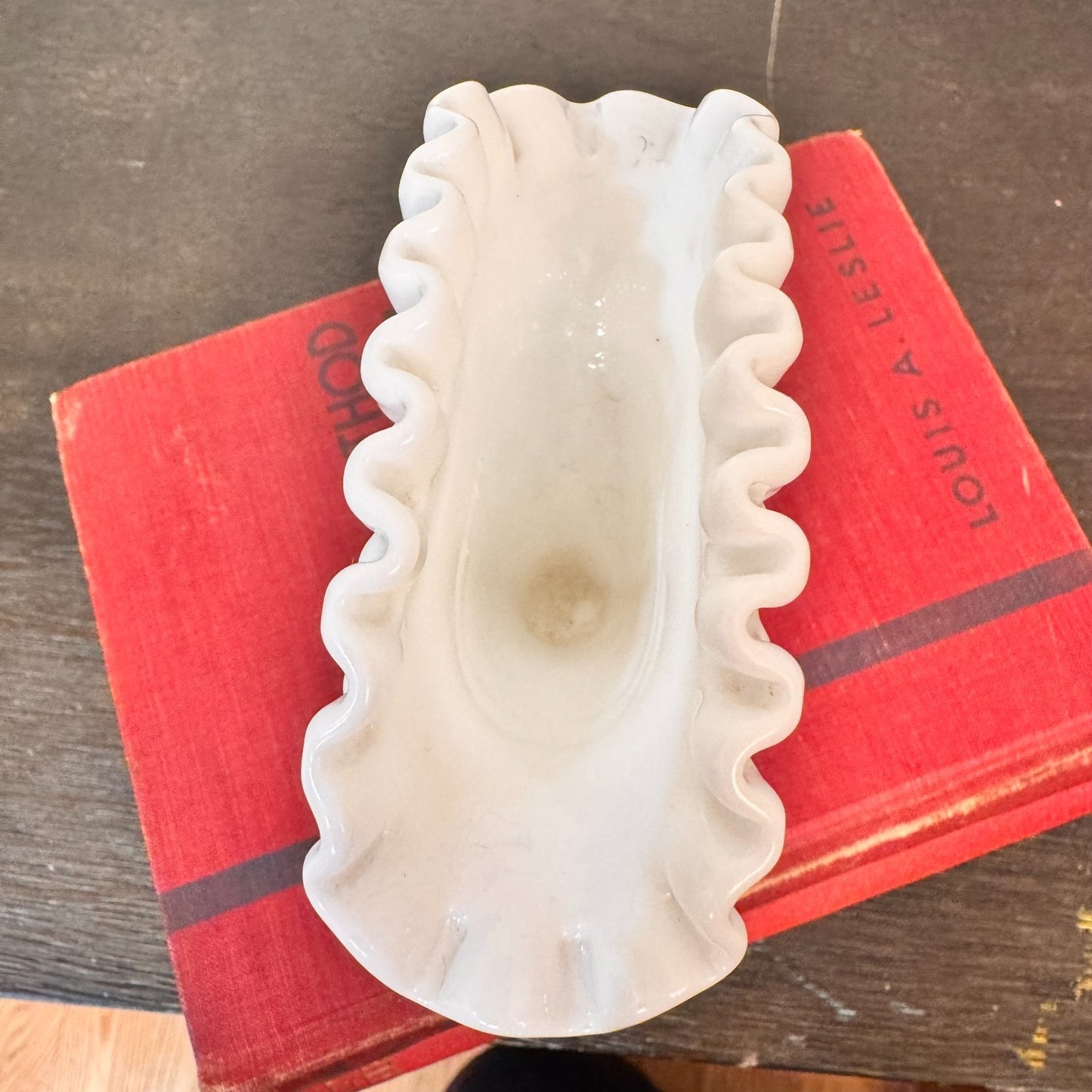 Vintage Fenton Small White Milk Glass Hobnail Fan Vase 4" Ruffled Edge