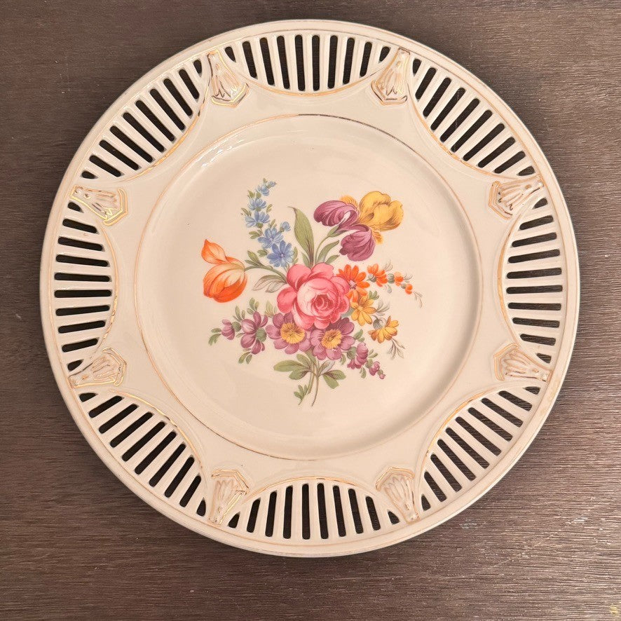 Antique German Reticulated Porcelain Plate – Floral Design – 10.25” Diameter