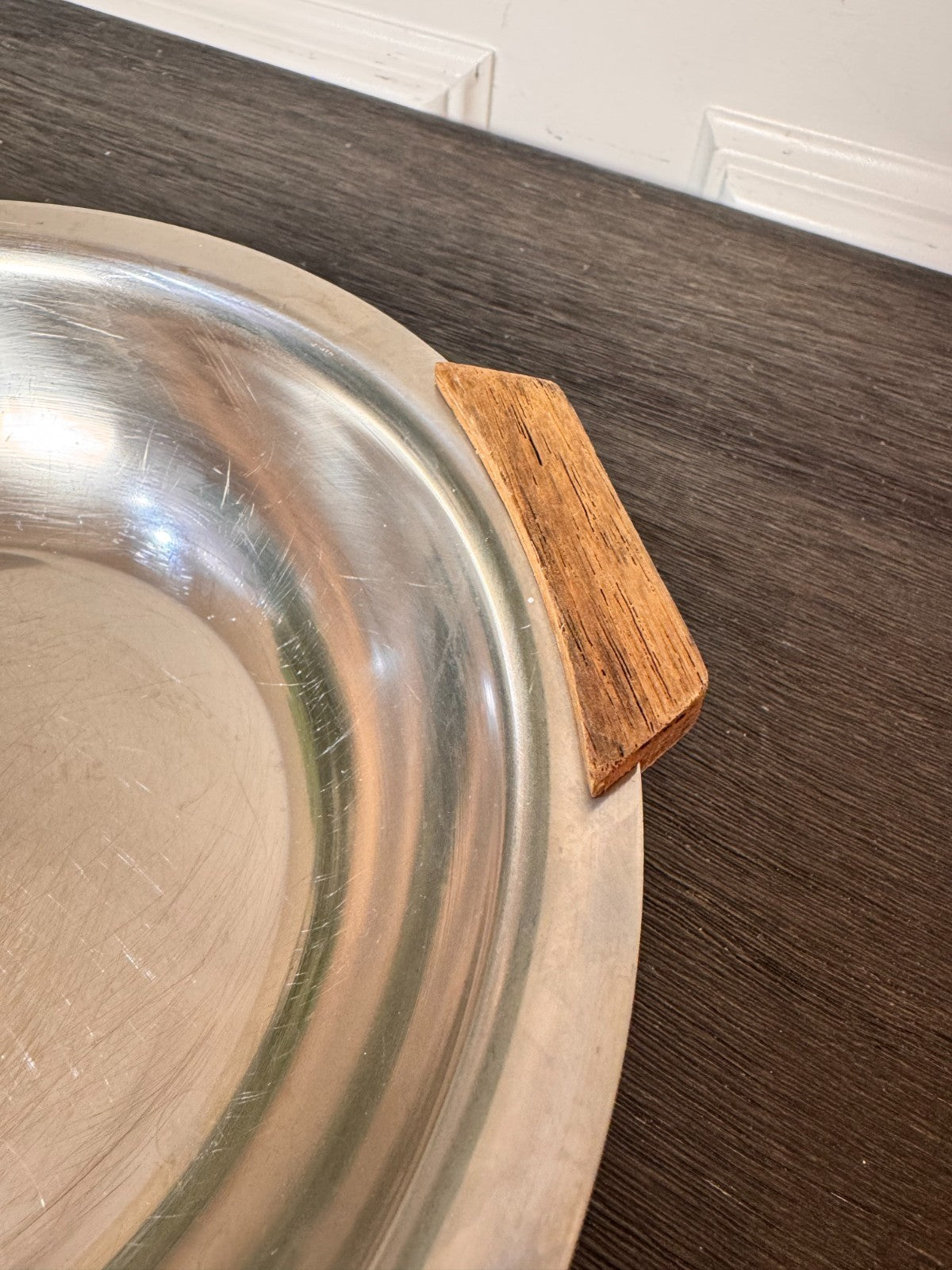 Vintage MCM Stainless Steel Danish Round Serving Tray Teak Handles 8"