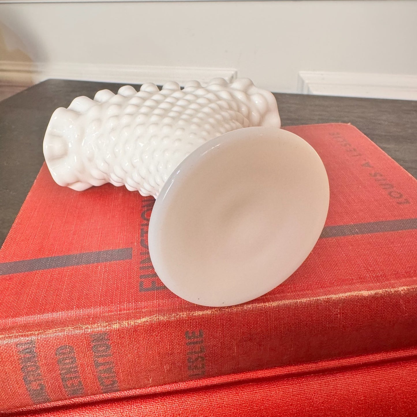 Vintage Fenton Small White Milk Glass Hobnail Fan Vase 4" Ruffled Edge