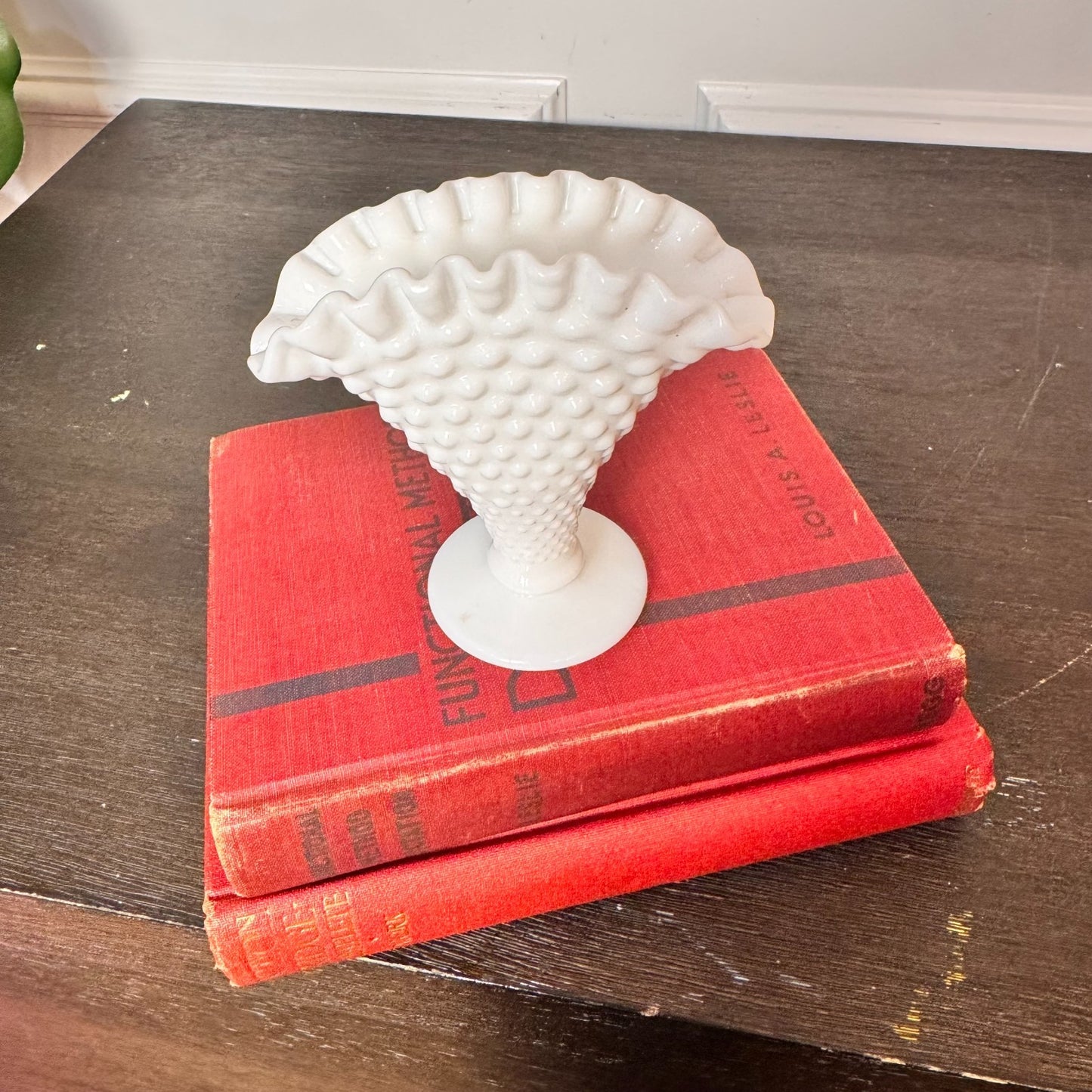Vintage Fenton Small White Milk Glass Hobnail Fan Vase 4" Ruffled Edge