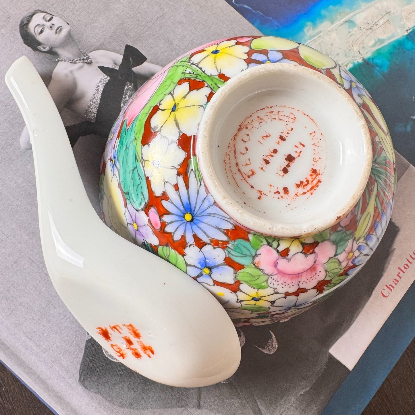Vintage Chinese “Thousand Flowers” Porcelain Bowl & Matching Spoon – Mille Fleur