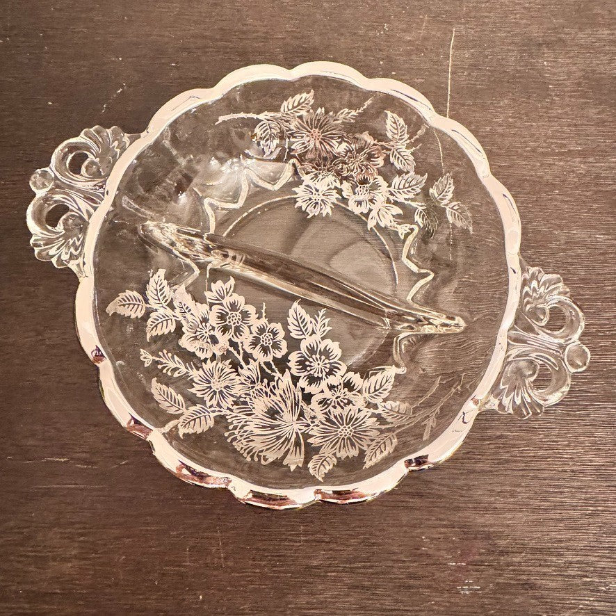 Vintage Silver City Glass Blossom Time Divided Relish Dish – Silver Overlay