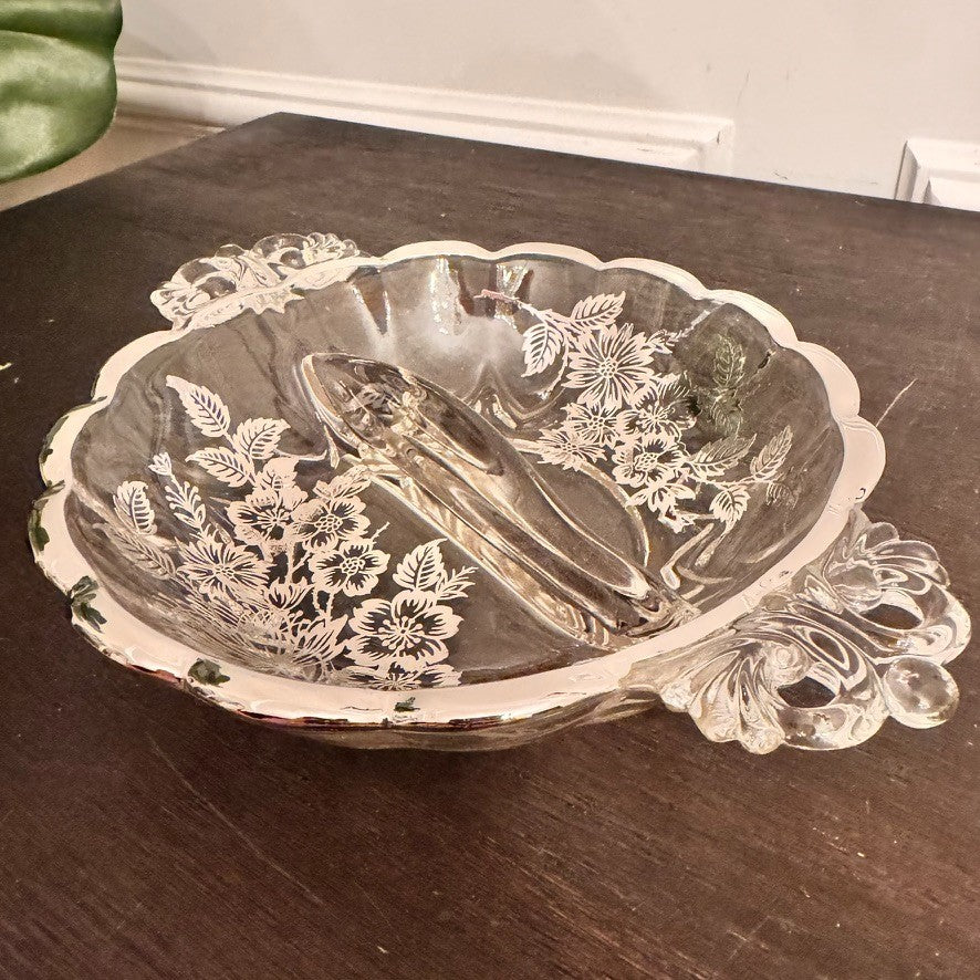 Vintage Silver City Glass Blossom Time Divided Relish Dish – Silver Overlay