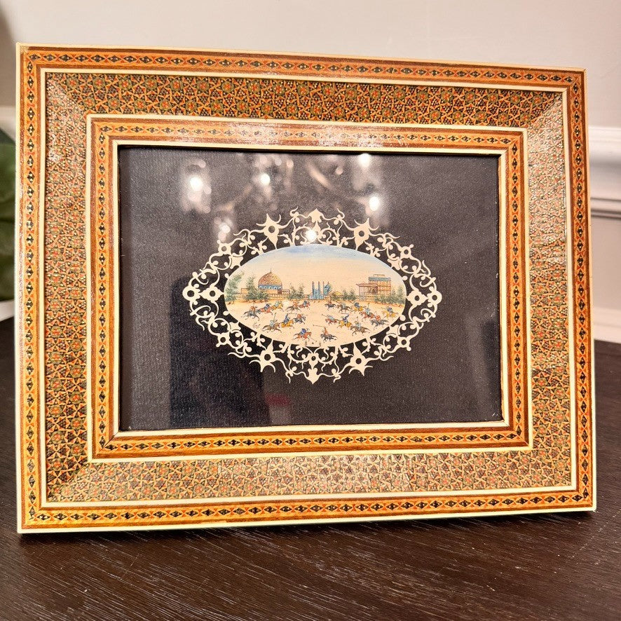 Vintage Persian Miniature Painting in Handcrafted Khatam Wood Inlay Frame