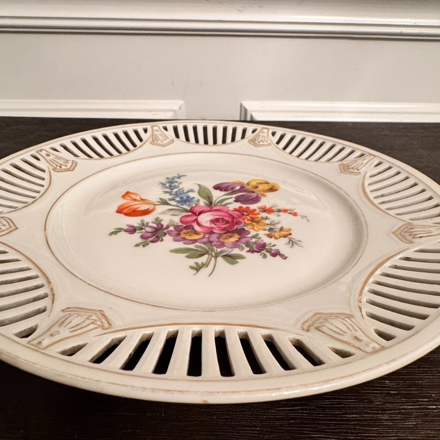 Antique German Reticulated Porcelain Plate – Floral Design – 10.25” Diameter