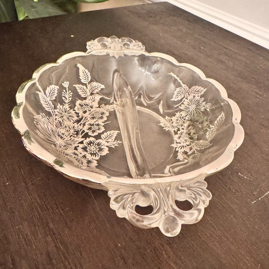 Vintage Silver City Glass Blossom Time Divided Relish Dish – Silver Overlay