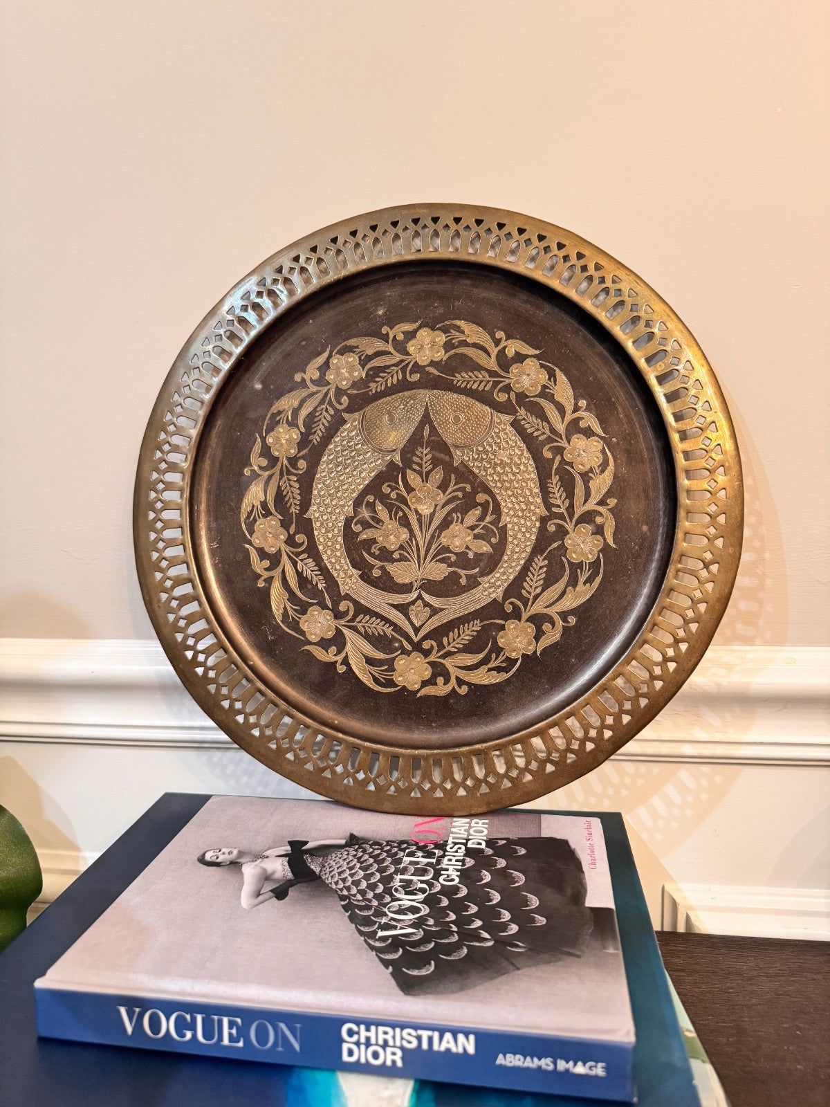 Vintage Etched Brass Wall Plate Tray – Twin Fish & Floral Design, 13" with Hook