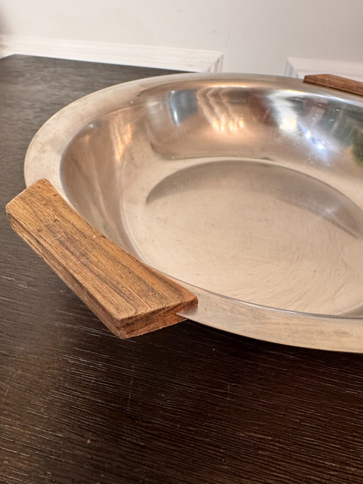Vintage MCM Stainless Steel Danish Round Serving Tray Teak Handles 8"