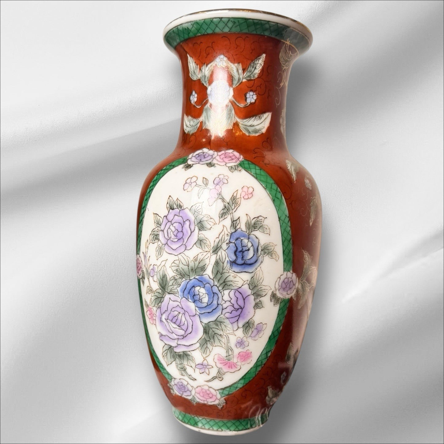 Mid-20th Century Asian Porcelain Vase – Hand-Painted Floral & Panel Design