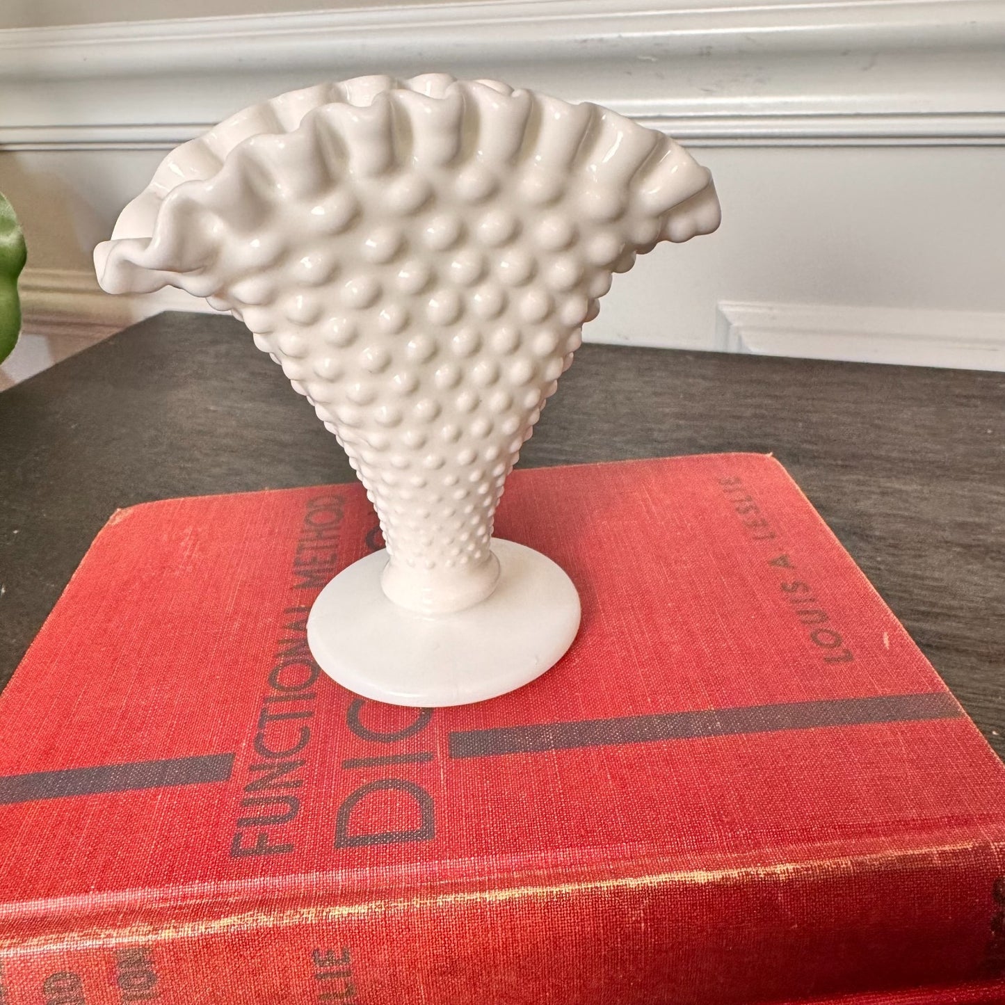 Vintage Fenton Small White Milk Glass Hobnail Fan Vase 4" Ruffled Edge