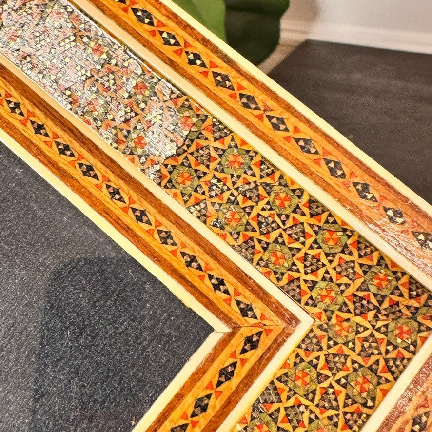Vintage Persian Miniature Painting in Handcrafted Khatam Wood Inlay Frame