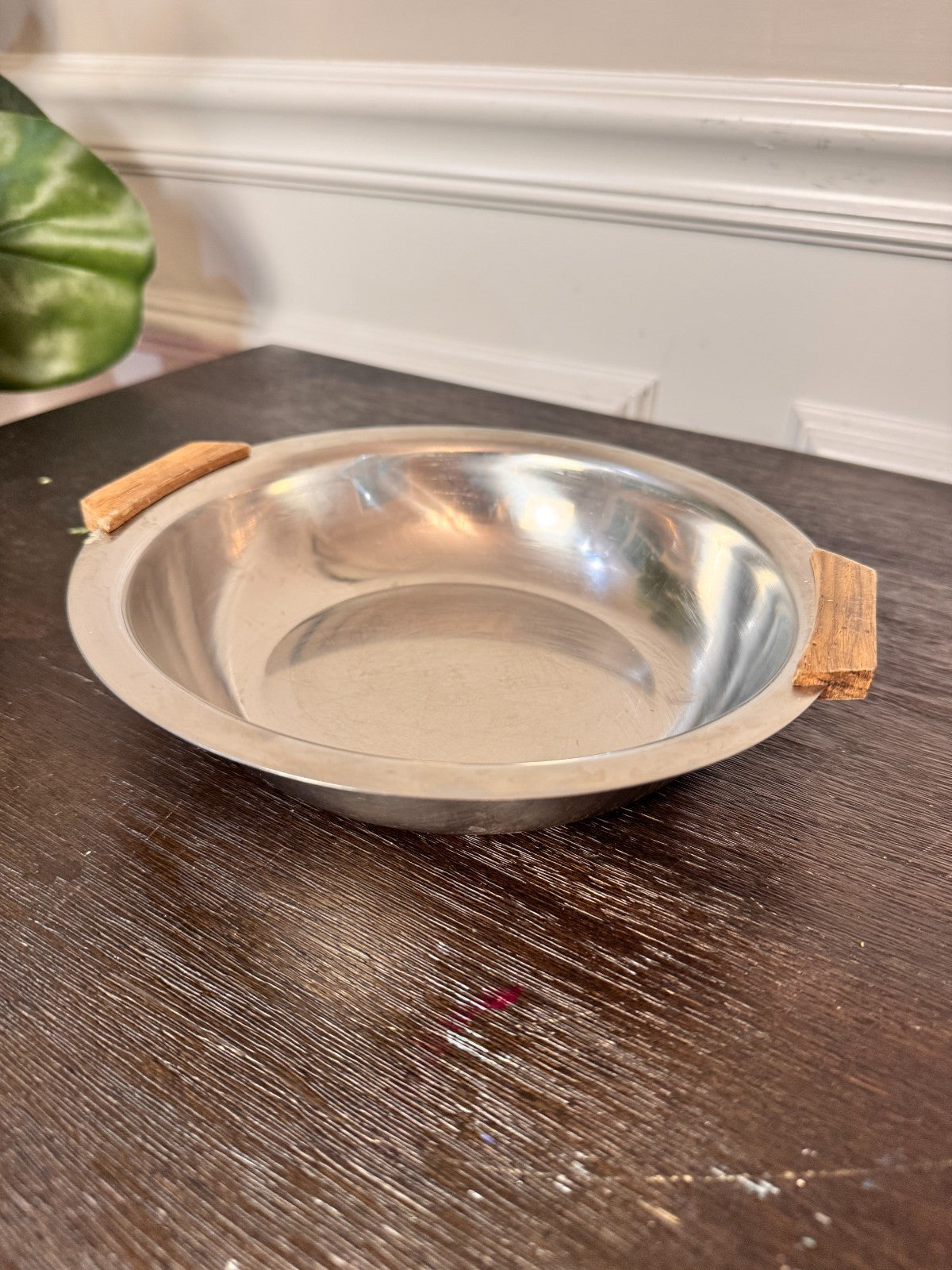 Vintage MCM Stainless Steel Danish Round Serving Tray Teak Handles 8"