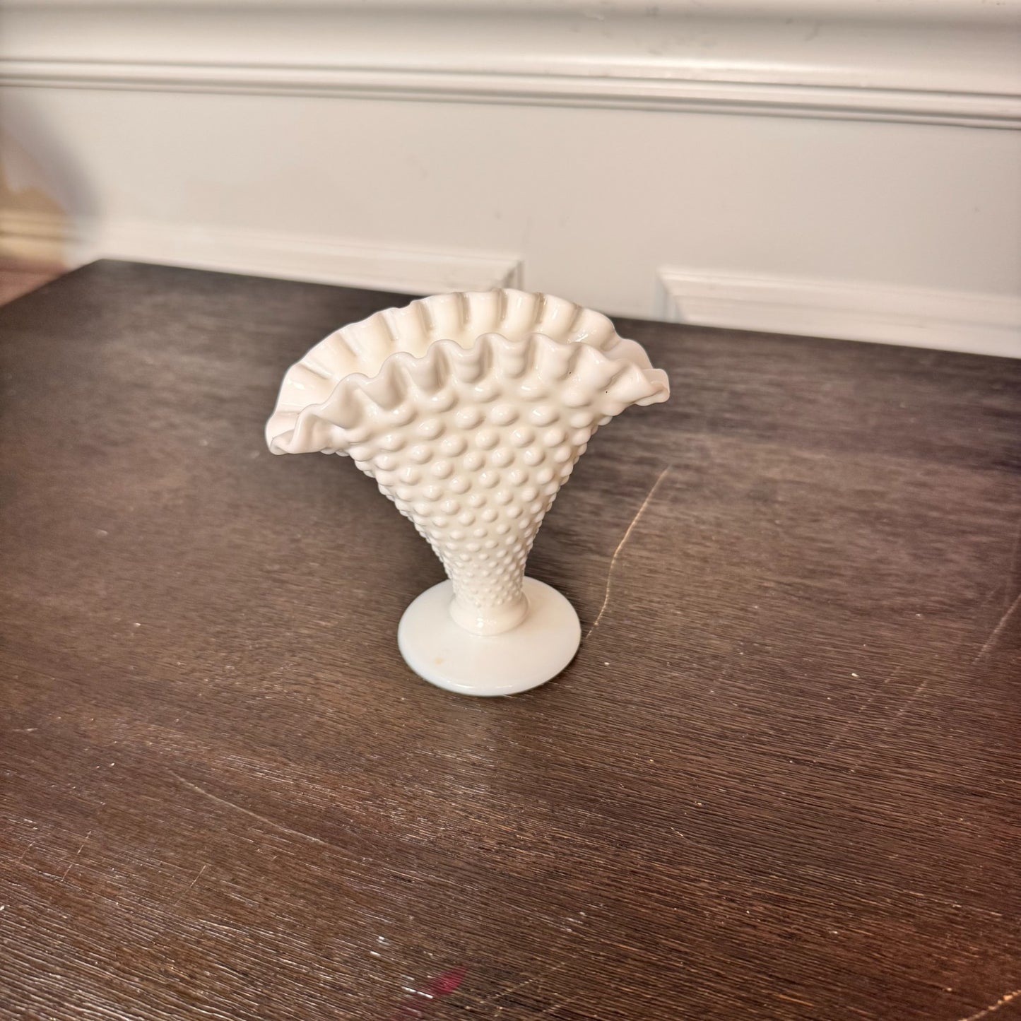 Vintage Fenton Small White Milk Glass Hobnail Fan Vase 4" Ruffled Edge