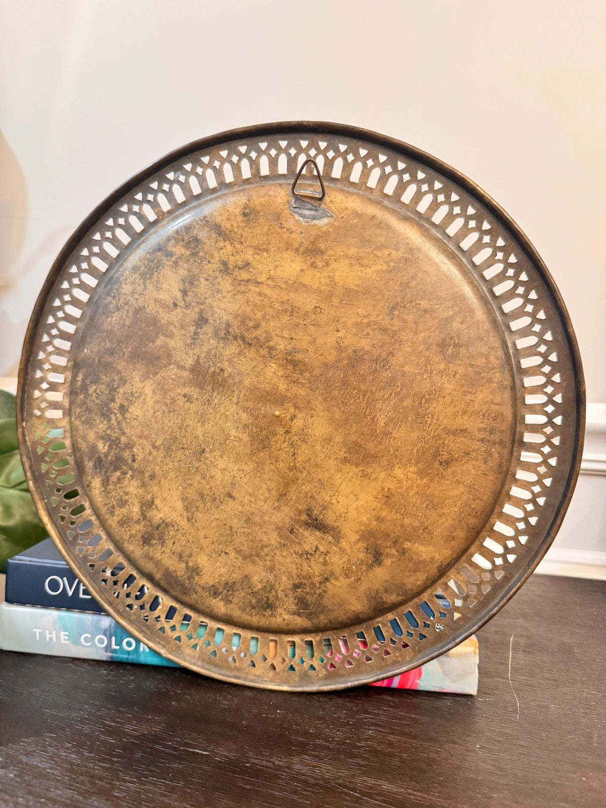 Vintage Etched Brass Wall Plate Tray – Twin Fish & Floral Design, 13" with Hook