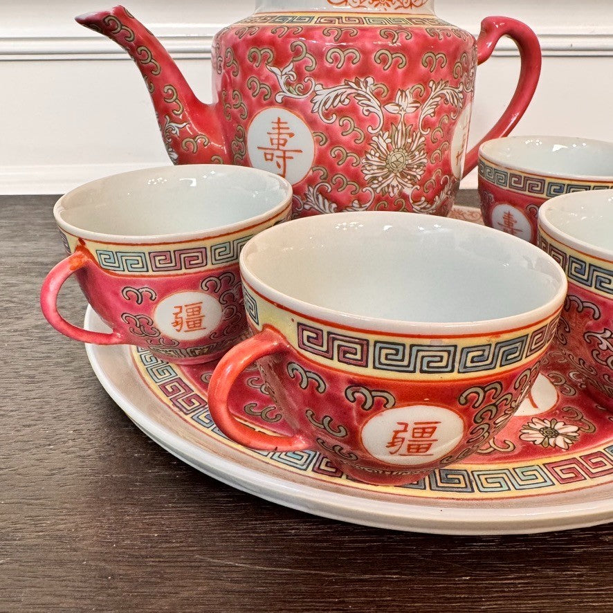 Vintage Wan Shou Wu Jiang Chinese Tea Set – Red Teapot, 4 Cups & Serving Tray