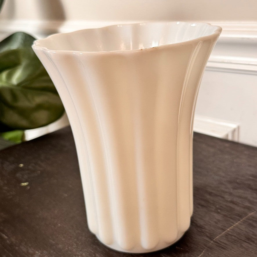 Vintage Translucent Fluted Milk Glass Vase – Scalloped Rim – 7.25” Tall