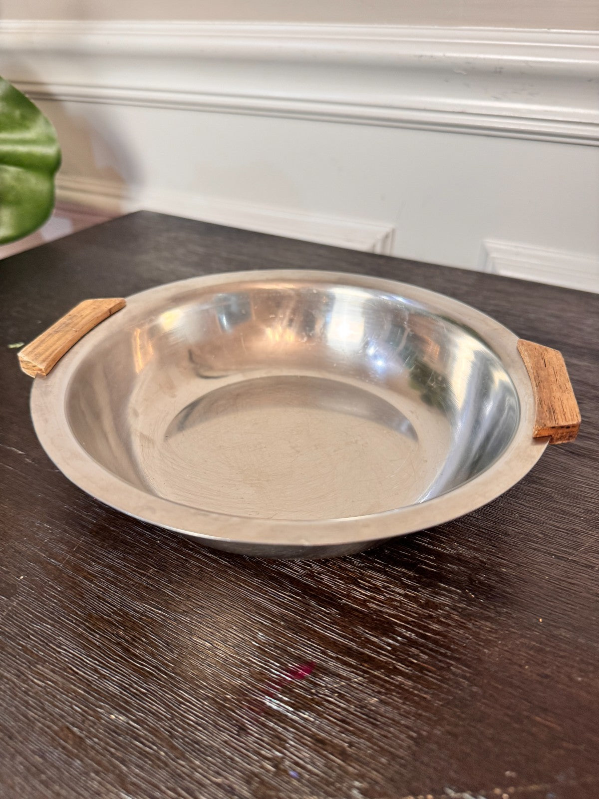 Vintage MCM Stainless Steel Danish Round Serving Tray Teak Handles 8"
