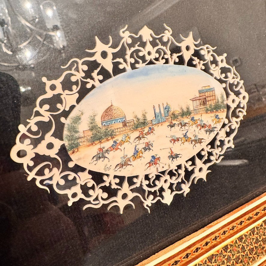 Vintage Persian Miniature Painting in Handcrafted Khatam Wood Inlay Frame