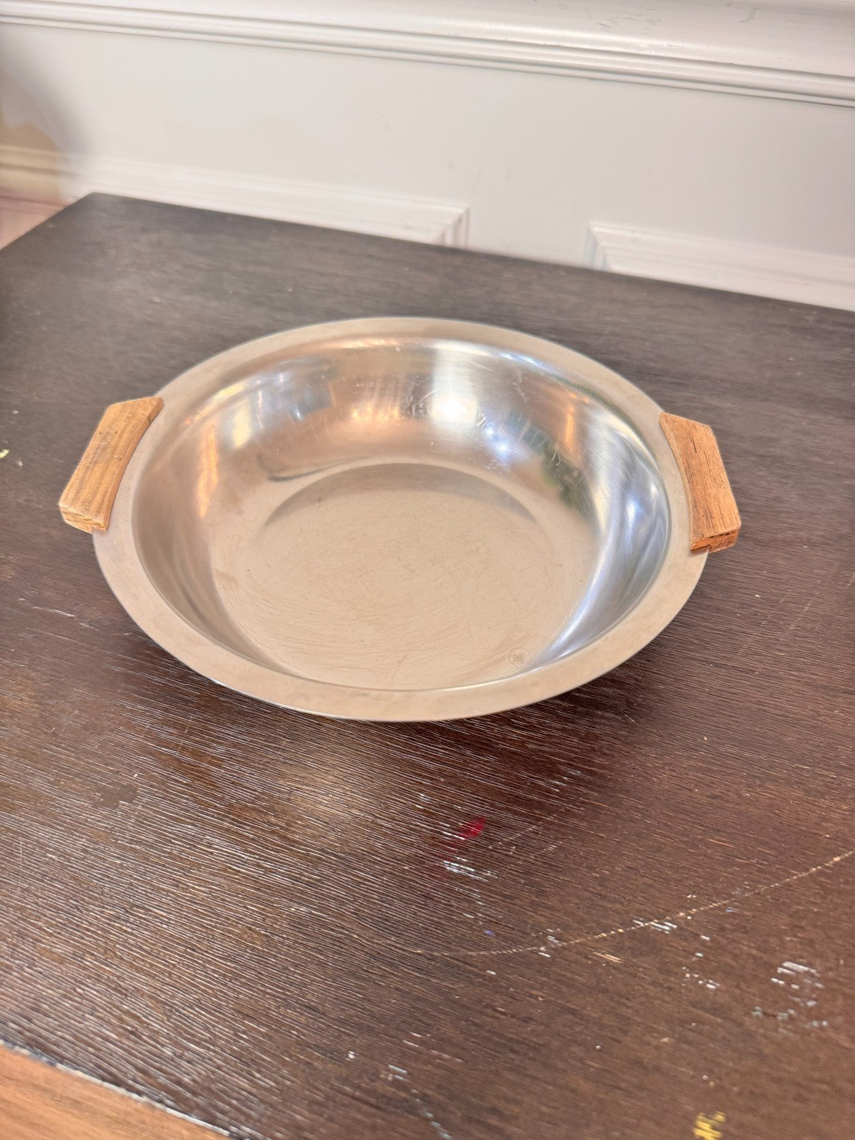 Vintage MCM Stainless Steel Danish Round Serving Tray Teak Handles 8"
