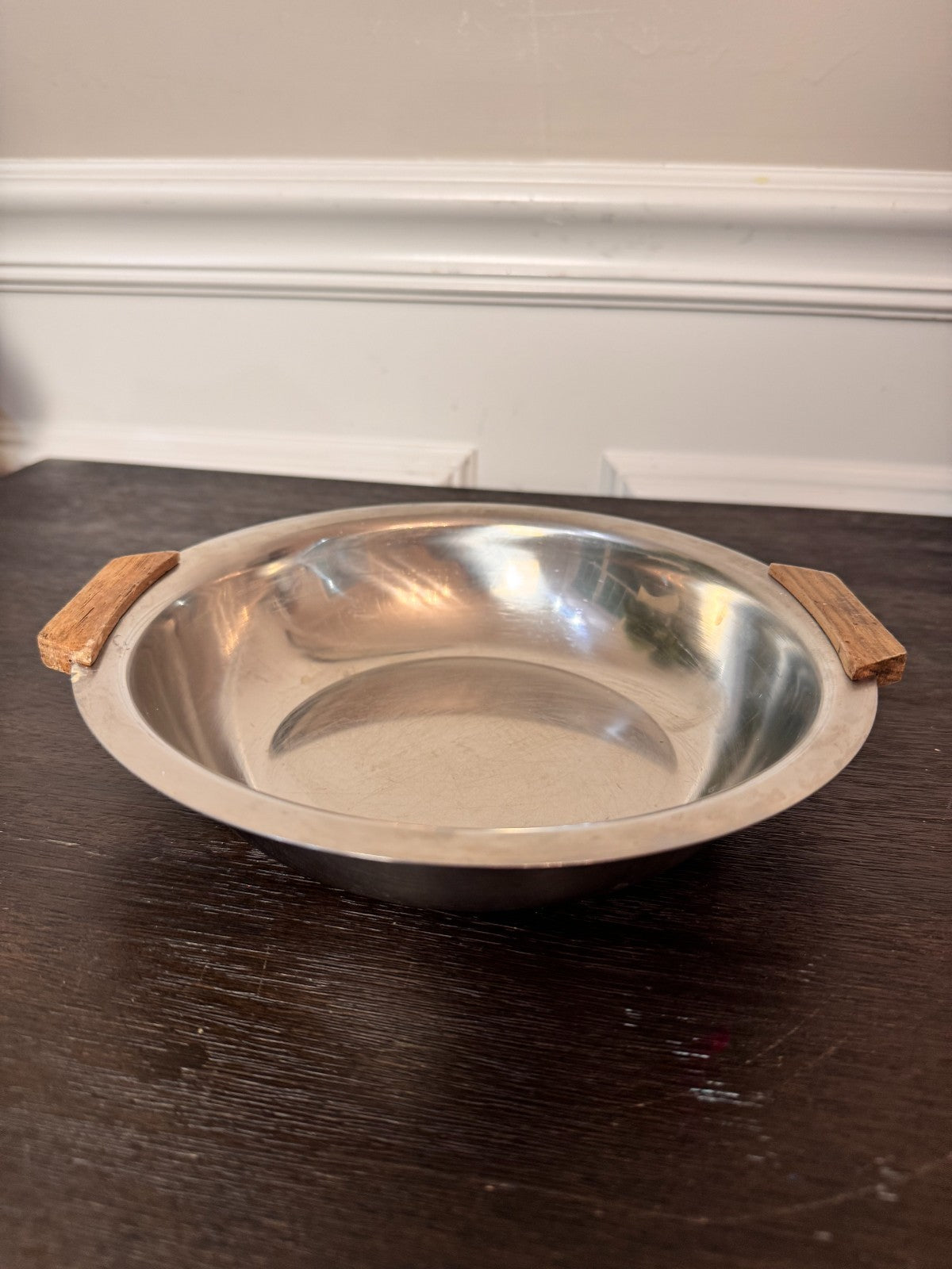 Vintage MCM Stainless Steel Danish Round Serving Tray Teak Handles 8"