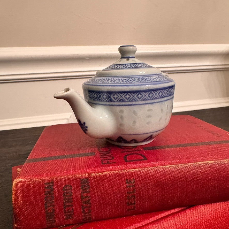 Vintage Chinese Ling Long/Rice Grain Porcelain Teapot – Blue & White – 3” Tall