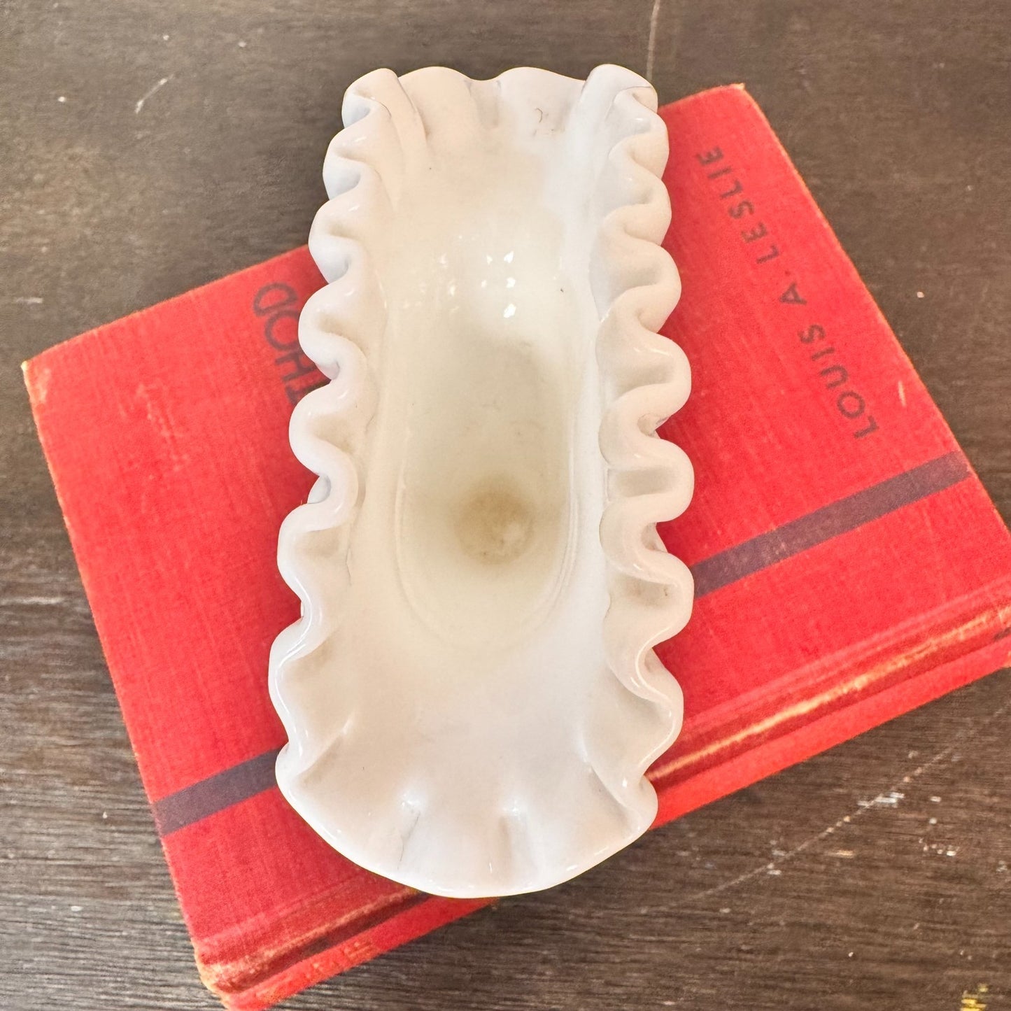 Vintage Fenton Small White Milk Glass Hobnail Fan Vase 4" Ruffled Edge