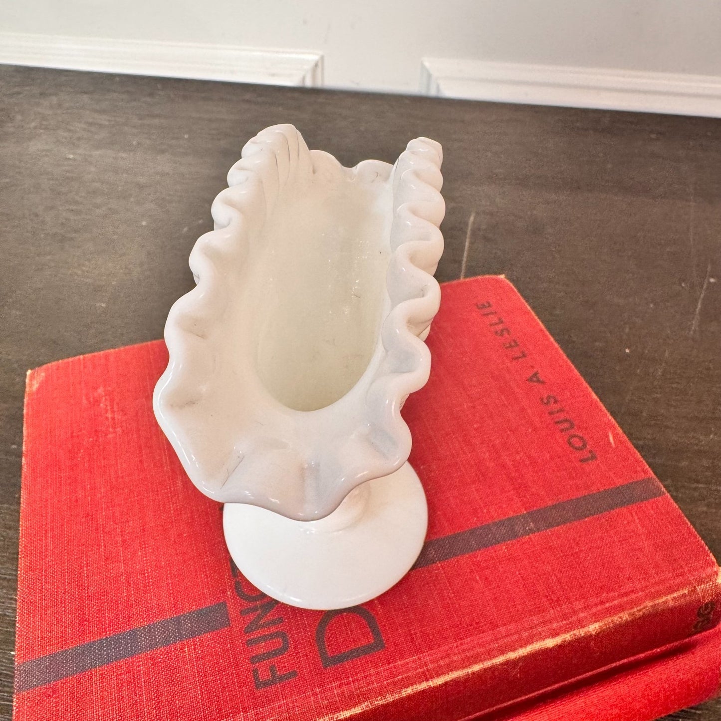 Vintage Fenton Small White Milk Glass Hobnail Fan Vase 4" Ruffled Edge