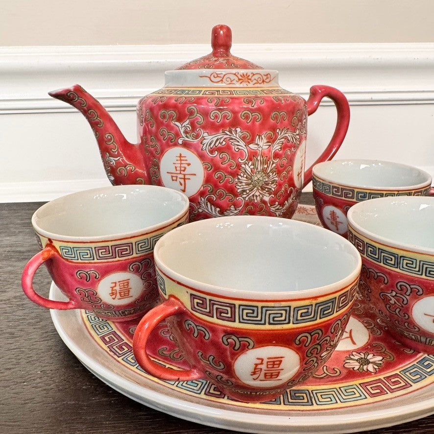 Vintage Wan Shou Wu Jiang Chinese Tea Set – Red Teapot, 4 Cups & Serving Tray