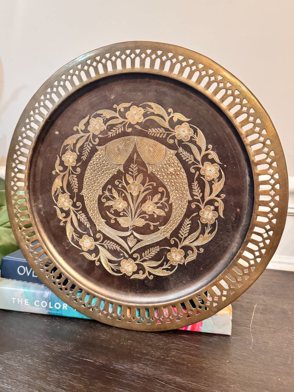 Vintage Etched Brass Wall Plate Tray – Twin Fish & Floral Design, 13" with Hook