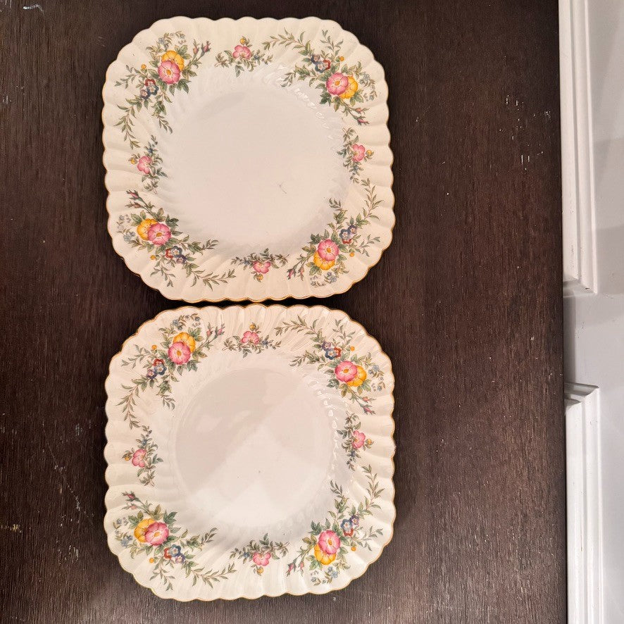 Set of 2 Minton York Square Plates England Bone China Floral 8.5” Luncheon