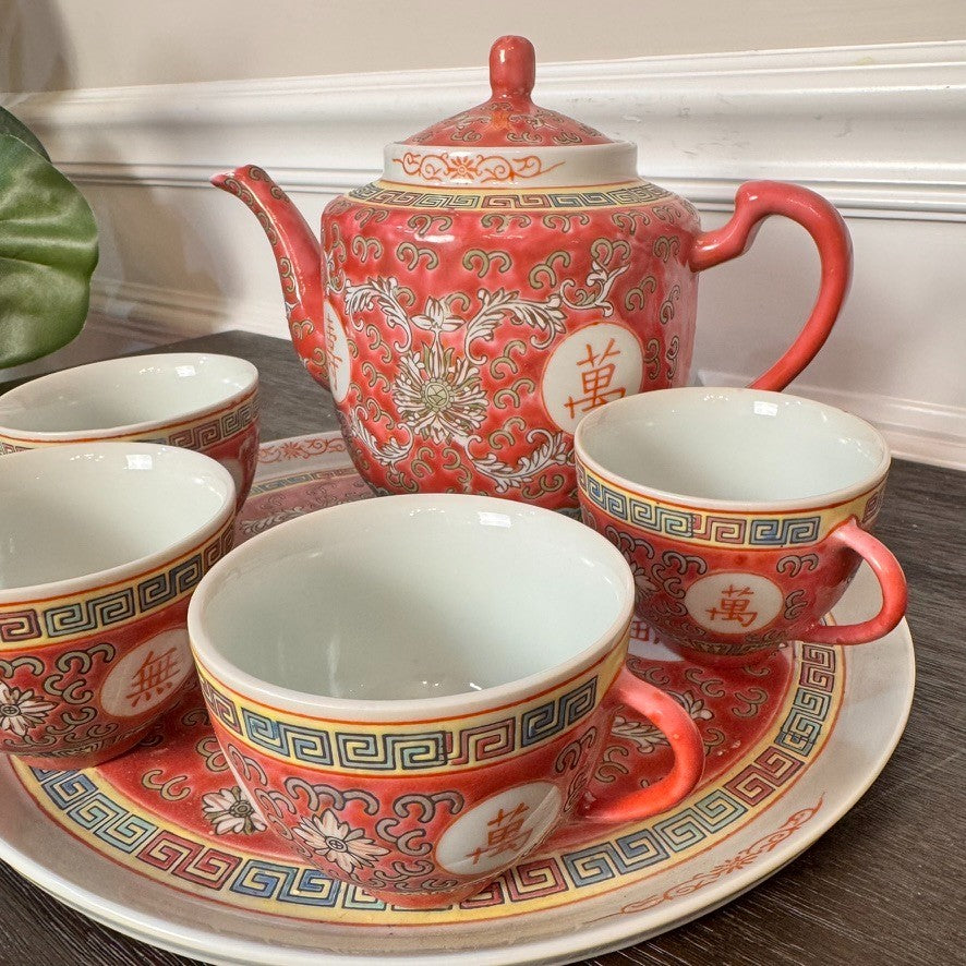 Vintage Wan Shou Wu Jiang Chinese Tea Set – Red Teapot, 4 Cups & Serving Tray