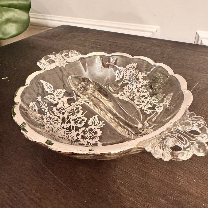 Vintage Silver City Glass Blossom Time Divided Relish Dish – Silver Overlay