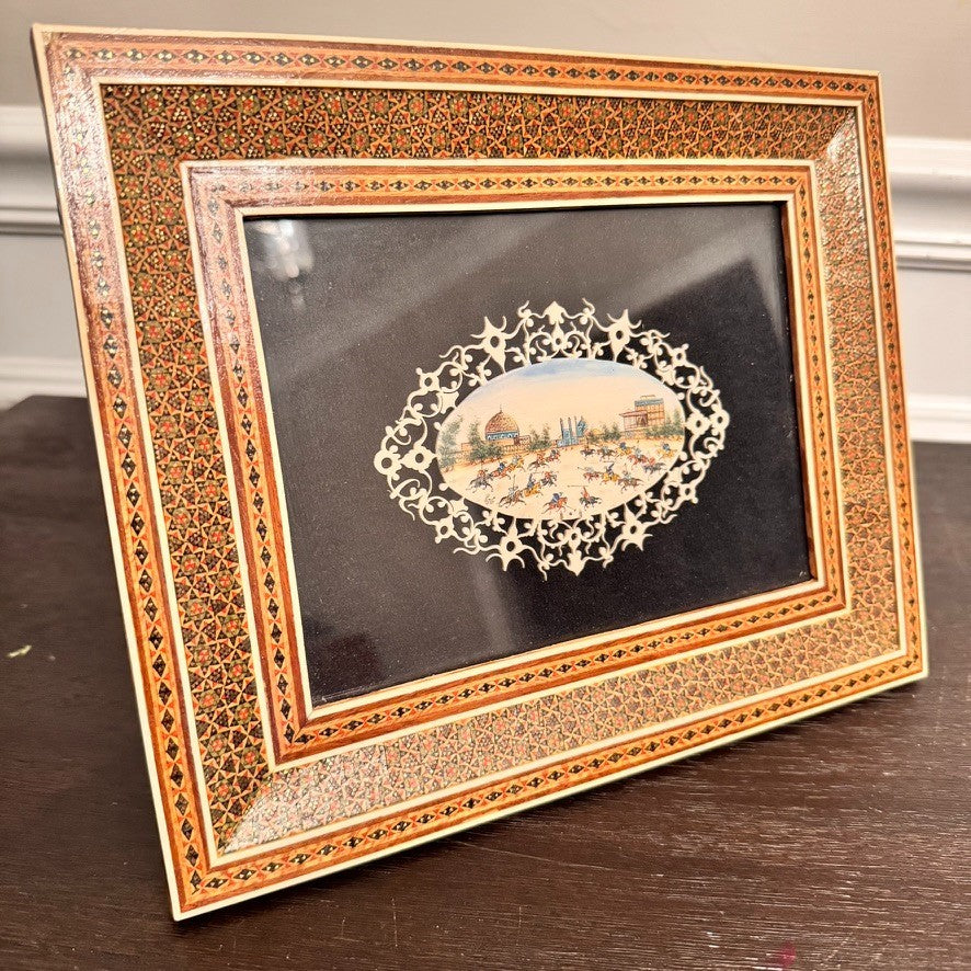 Vintage Persian Miniature Painting in Handcrafted Khatam Wood Inlay Frame