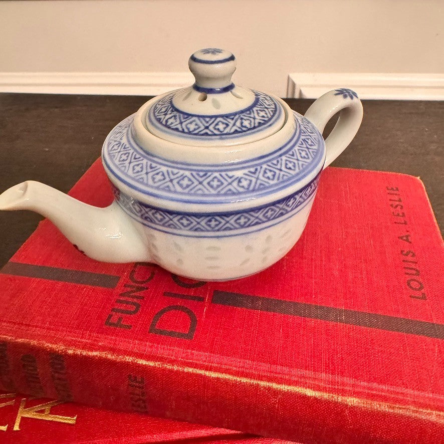 Vintage Chinese Ling Long/Rice Grain Porcelain Teapot – Blue & White – 3” Tall