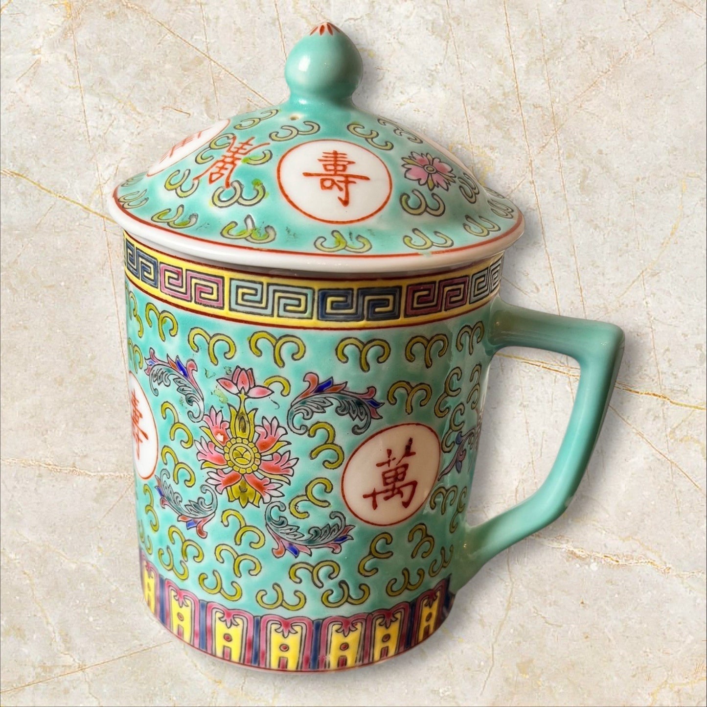 Vintage Chinese Porcelain Gaiwan Tea Mug with Lid – Famille Rose Style Turquoise