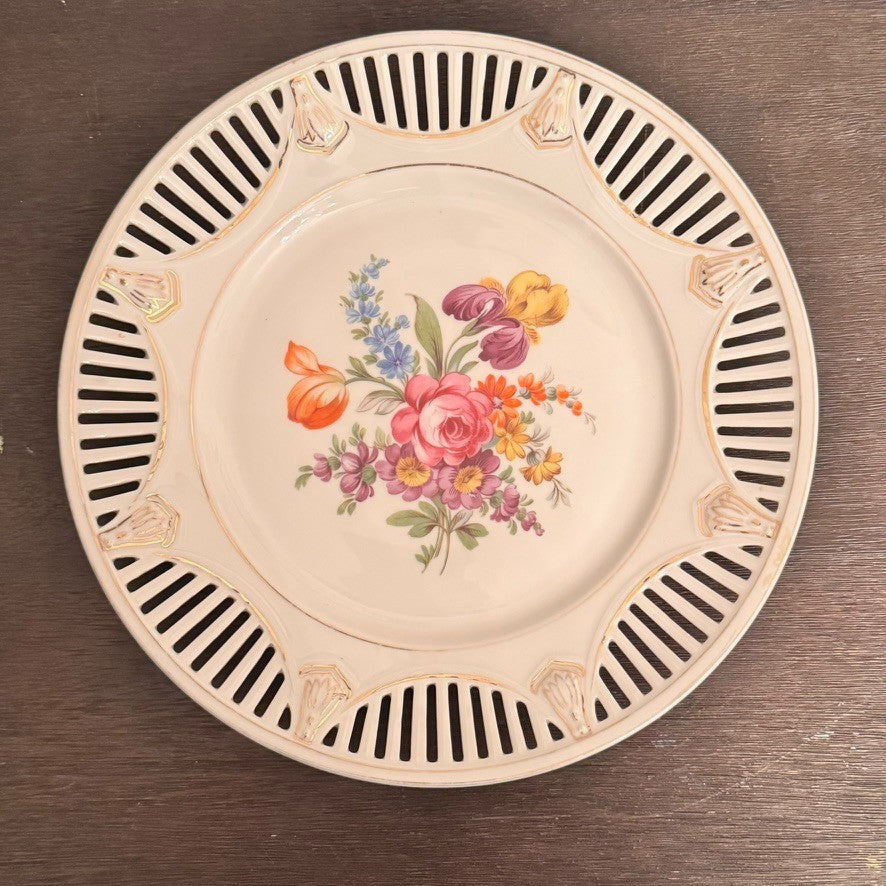 Antique German Reticulated Porcelain Plate – Floral Design – 10.25” Diameter
