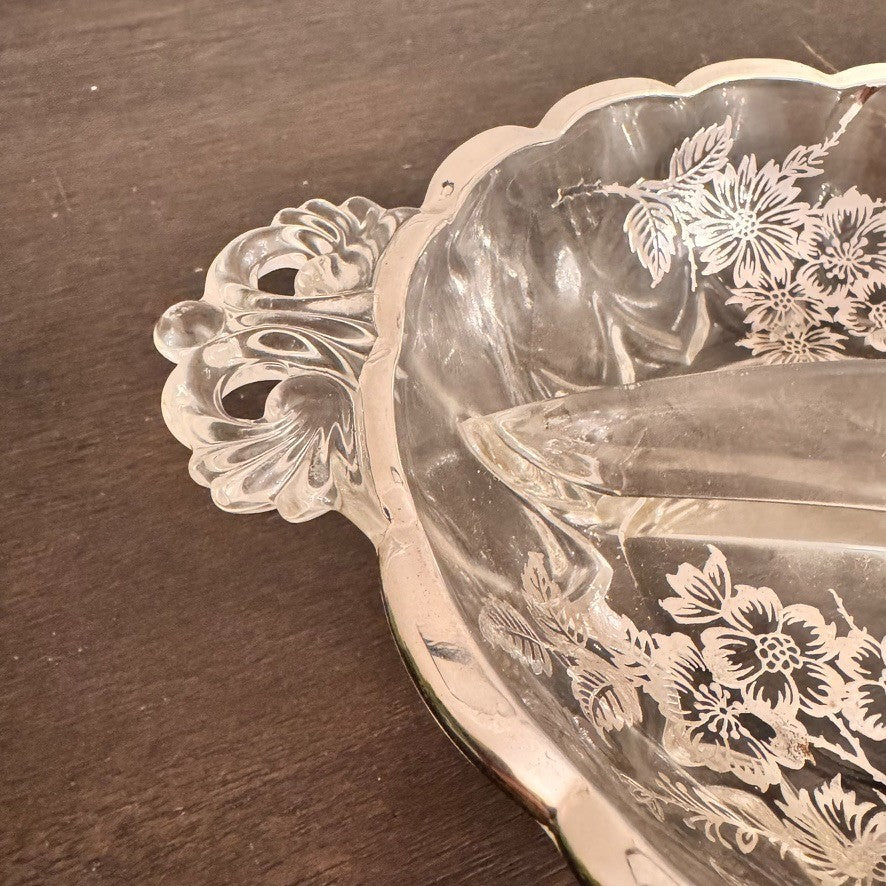 Vintage Silver City Glass Blossom Time Divided Relish Dish – Silver Overlay