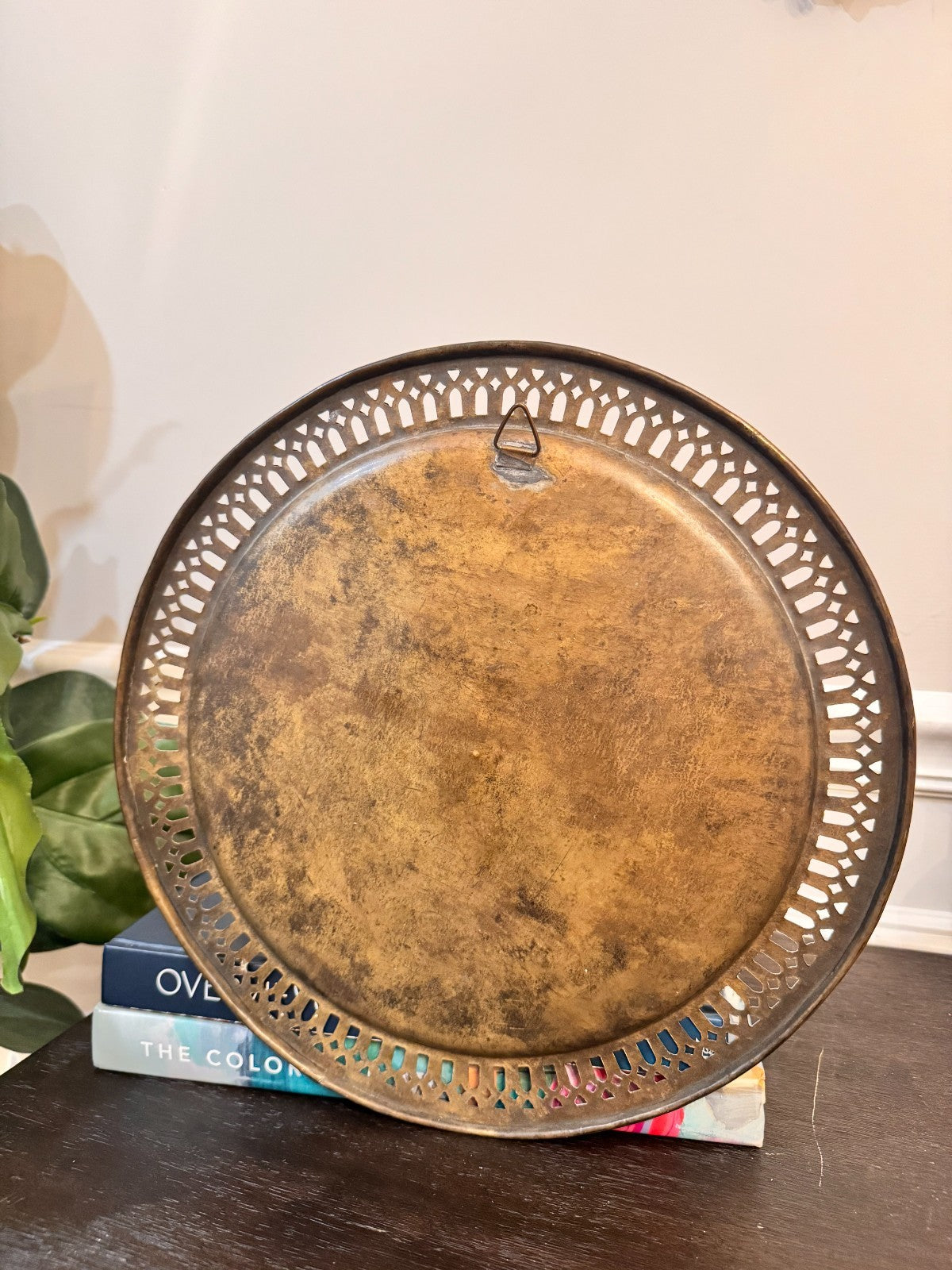 Vintage Etched Brass Wall Plate Tray – Twin Fish & Floral Design, 13" with Hook