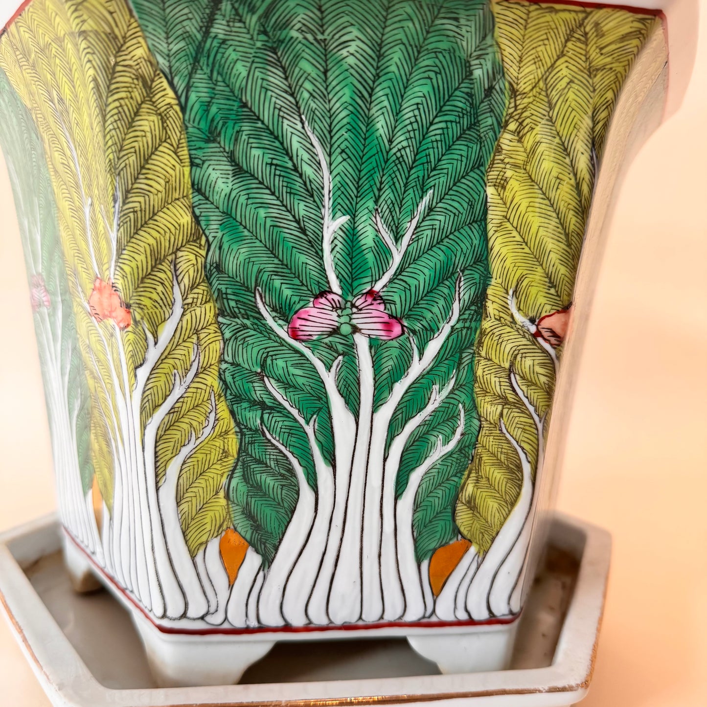 Bok Choy Porcelain Planter Japan Decorated in Hong Kong w/ Drip Tray 9x10