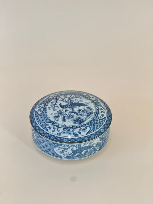 Vintage Andrea by Sadek Porcelain Blue & White Peacock Lidded Dish
