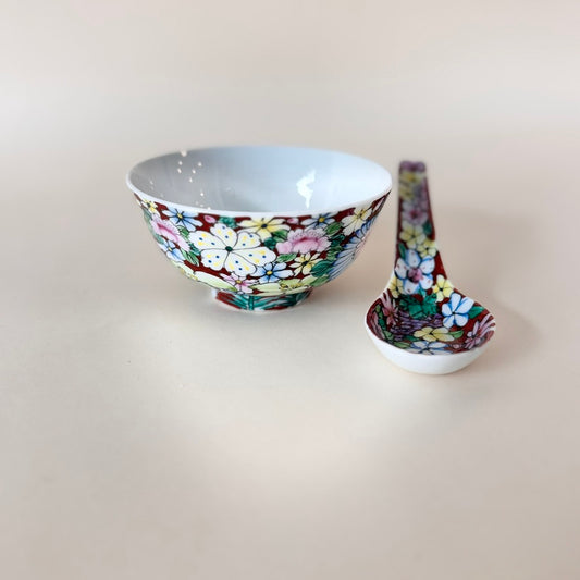 Vintage Mille Fleur Porcelain Bowl & Matching Spoon